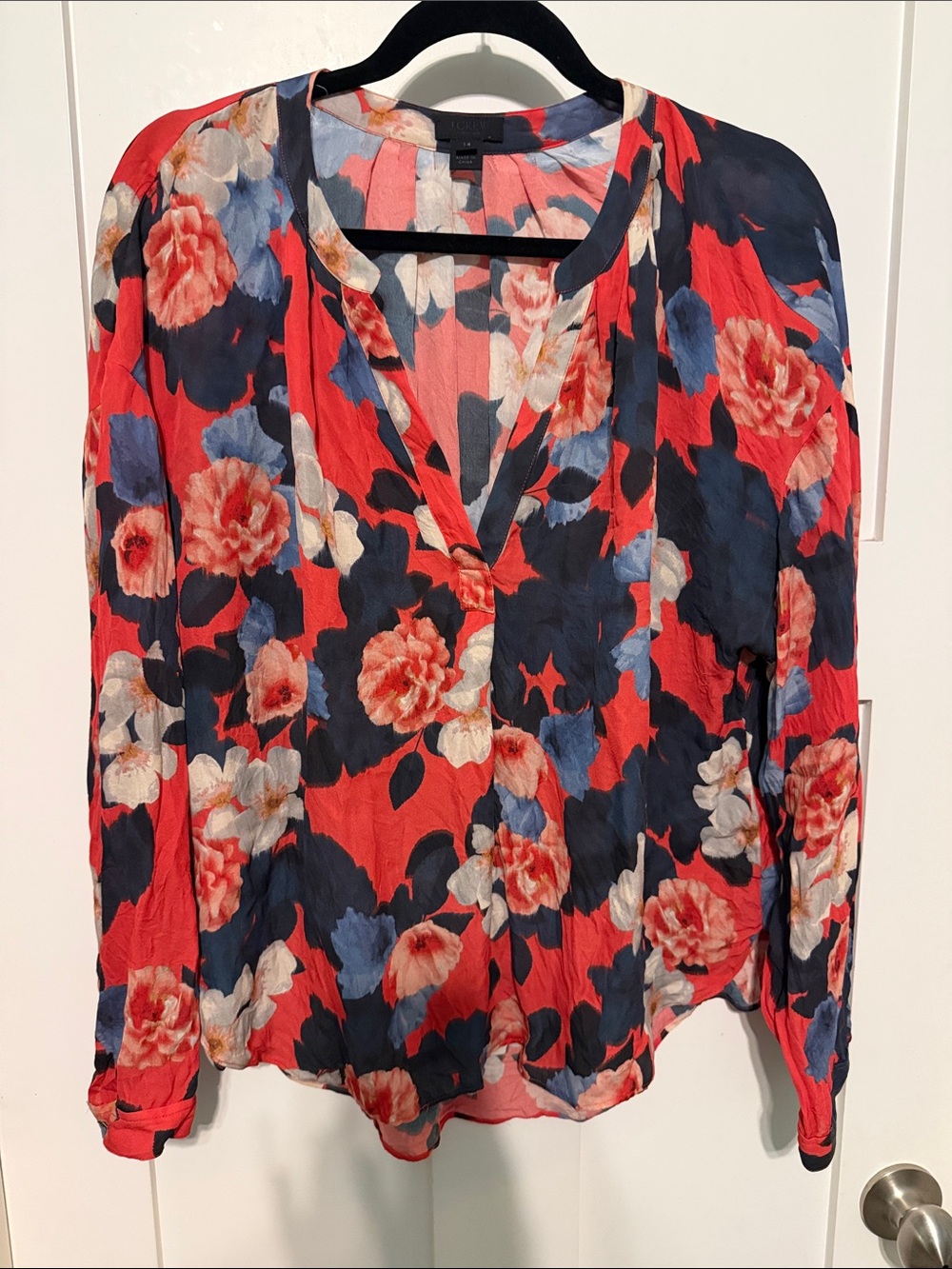 J. Crew Red Multi Floral V-Neck Long Sleeve Blouse